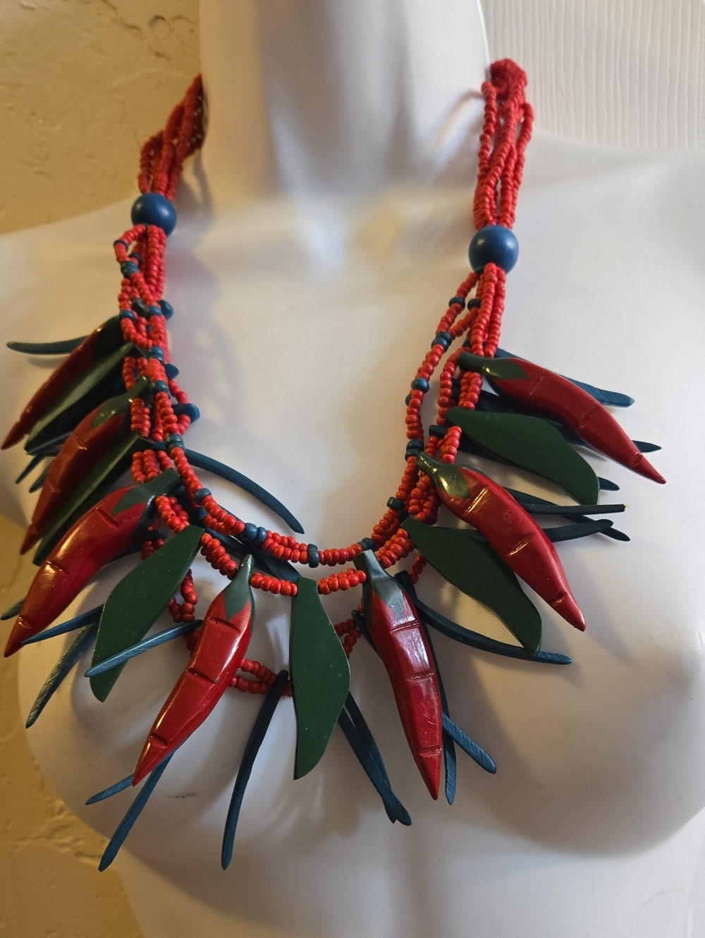 Red Beaded Chili Pepper Necklace with Green and Blue Leaf Accents